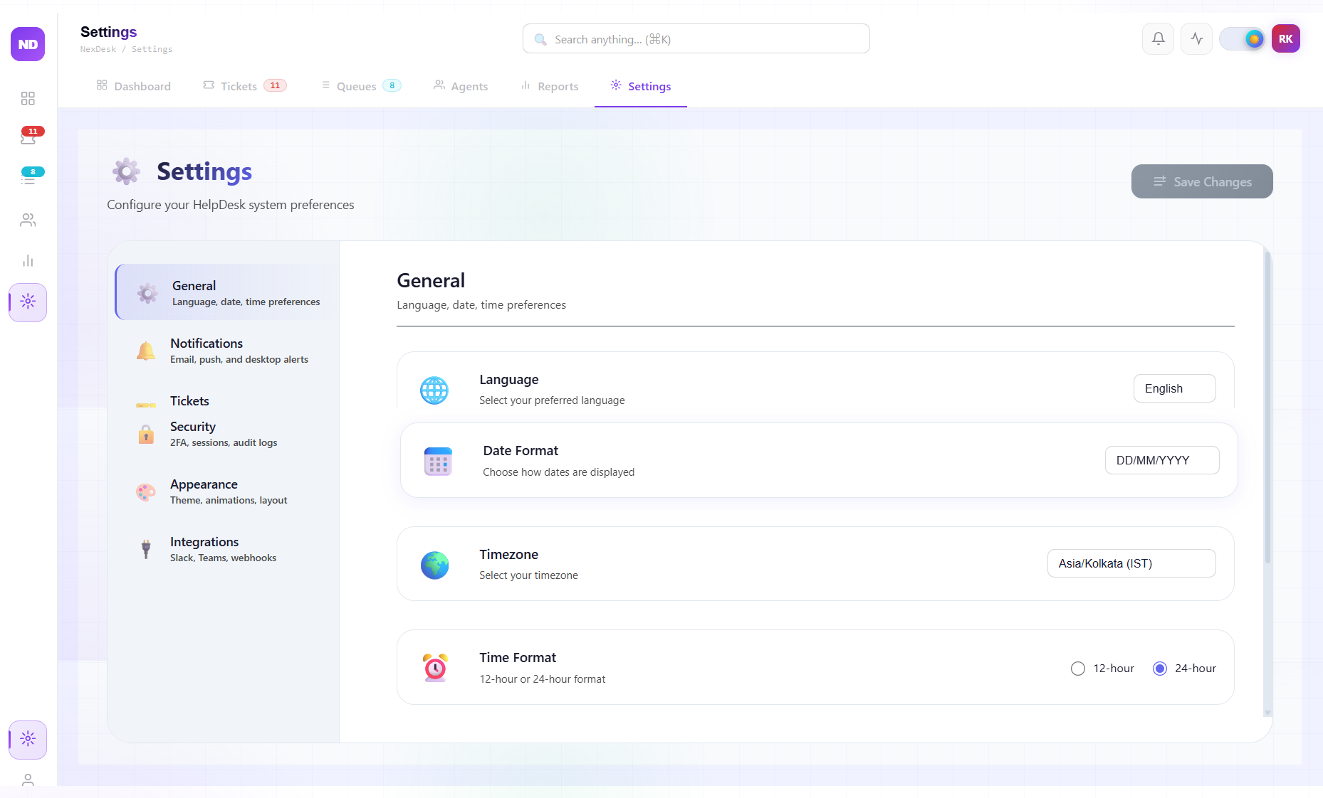 Settings Configuration Screen